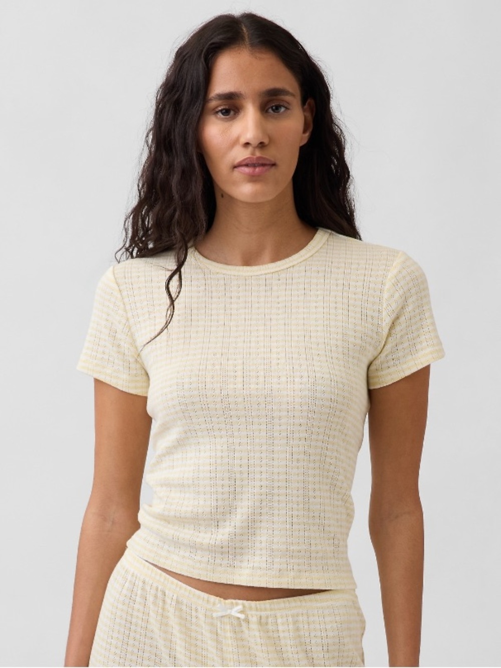 Gap Body Pointelle Yellow White Stripe Crew T Shirt Short Sleeve Butter M Crop